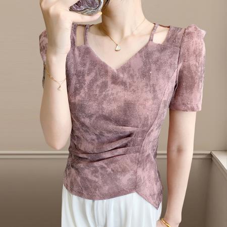 BY17309# 洋气漂亮短袖T恤女修身捏褶短款小衫夏季薄款韩版时尚超好看