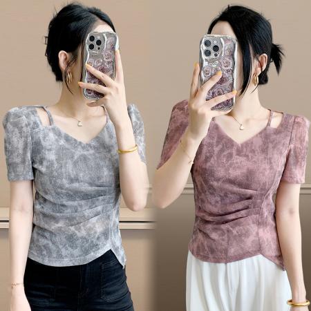 BY17309# 洋气漂亮短袖T恤女修身捏褶短款小衫夏季薄款韩版时尚超好看