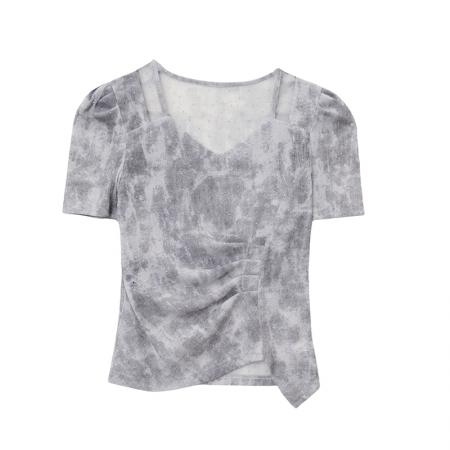 BY17309# 洋气漂亮短袖T恤女修身捏褶短款小衫夏季薄款韩版时尚超好看