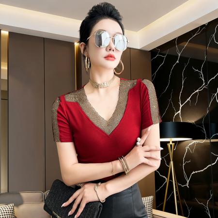 BY17311# 夏季新款修身显瘦气质女人味高级感拼接烫钻V领短袖T恤上衣女
