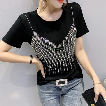 BY17312# 欧货重工烫钻T恤女修身显瘦假两件吊带满钻闪亮短袖圆领上衣潮