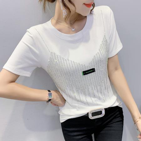 BY17312# 欧货重工烫钻T恤女修身显瘦假两件吊带满钻闪亮短袖圆领上衣潮