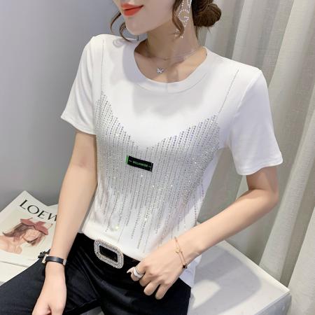 BY17312# 欧货重工烫钻T恤女修身显瘦假两件吊带满钻闪亮短袖圆领上衣潮