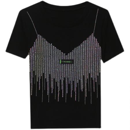 BY17312# 欧货重工烫钻T恤女修身显瘦假两件吊带满钻闪亮短袖圆领上衣潮