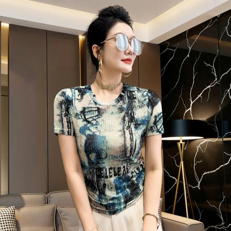 BY17315# 夏季短款清凉网纱烫钻时尚印花修身短袖上衣T恤女