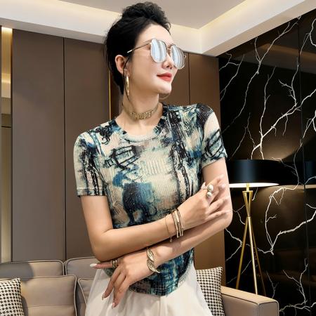 BY17315# 夏季短款清凉网纱烫钻时尚印花修身短袖上衣T恤女