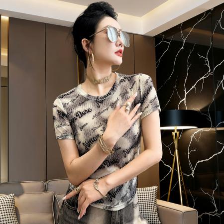 BY17316# 夏季短款清凉网纱烫钻时尚印花修身短袖上衣T恤女