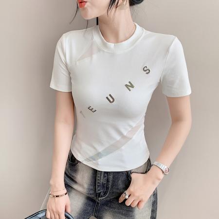 BY17321# 夏季新款欧美时尚网纱拼接圆领字母百搭短袖T恤上衣潮