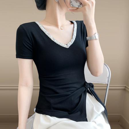 BY17322# 飘带亮片V领短袖潮夏季新款纯色百搭休闲女装时尚小衫
