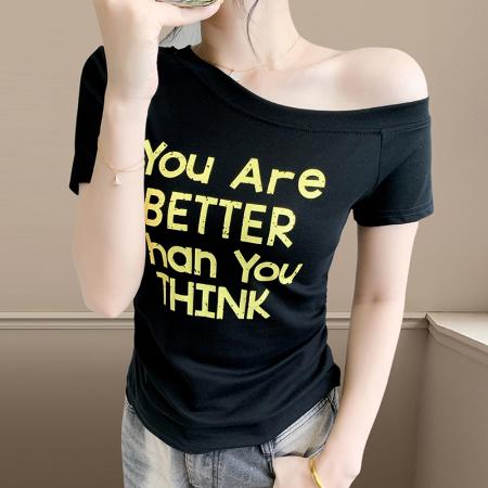 BY17323# 韩系撞色字母印花斜领露肩短袖T恤夏季新款女修身显瘦上衣潮