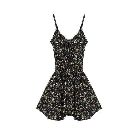 BY17330# 春夏装新款设计感黑色碎花连衣裙女茶歇短裙辣妹吊带裙