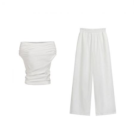 BY17331# 春夏新款慵懒舒适女一字斜肩褶皱上衣直筒长裤两件套装