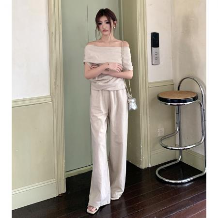 BY17331# 春夏新款慵懒舒适女一字斜肩褶皱上衣直筒长裤两件套装