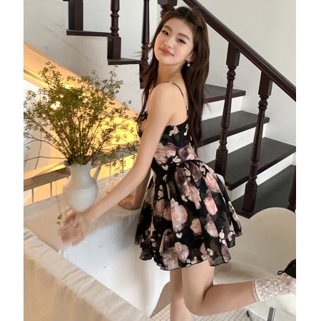 BY17332# 春夏新款氛围感晕染花色V领吊带连衣裙短裙女碎花裙子
