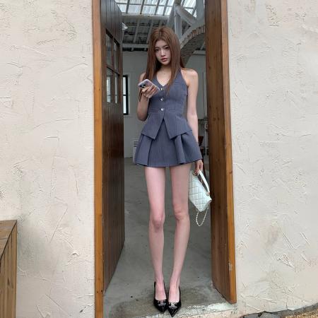 BY17333# 春夏新款蝴蝶结可多用西装马甲挂脖百褶短裙半身裙女套装