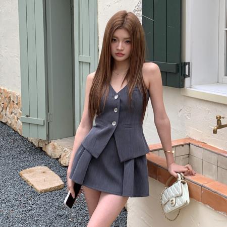 BY17333# 春夏新款蝴蝶结可多用西装马甲挂脖百褶短裙半身裙女套装