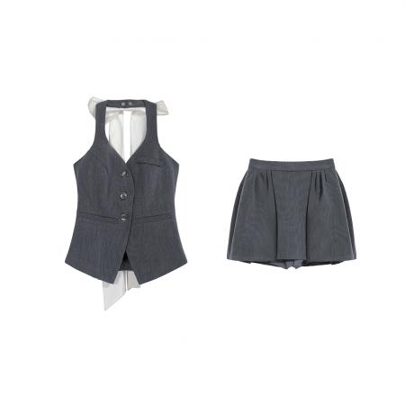 BY17333# 春夏新款蝴蝶结可多用西装马甲挂脖百褶短裙半身裙女套装