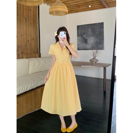 BY17335# 法式复古风黄色收腰短袖夏季中长款连衣裙