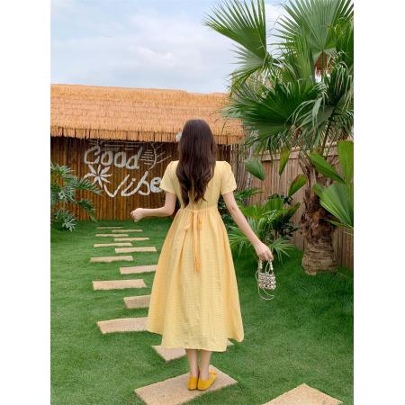 BY17335# 法式复古风黄色收腰短袖夏季中长款连衣裙
