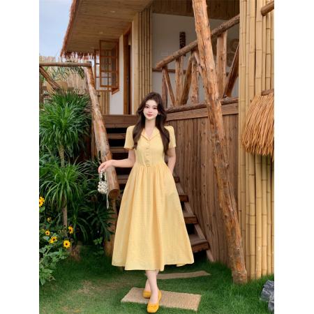 BY17335# 法式复古风黄色收腰短袖夏季中长款连衣裙