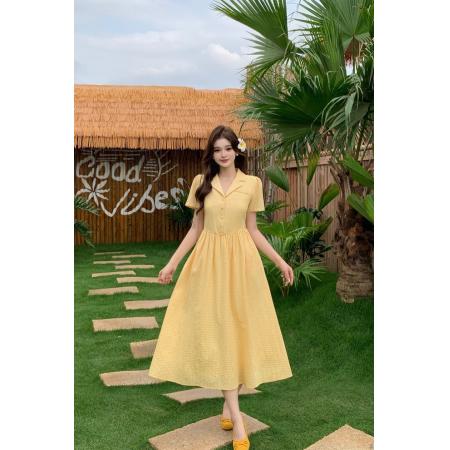 BY17335# 法式复古风黄色收腰短袖夏季中长款连衣裙