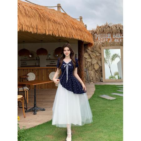 BY17336# 胖mm甜美收腰不规则网纱连衣裙气质蕾丝碎花裙