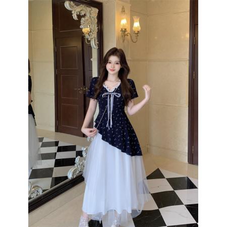 BY17336# 胖mm甜美收腰不规则网纱连衣裙气质蕾丝碎花裙