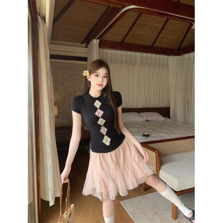 BY17338# 黑色正肩菱格冰丝针织短袖T恤波点不规则荷叶边半身裙两件套