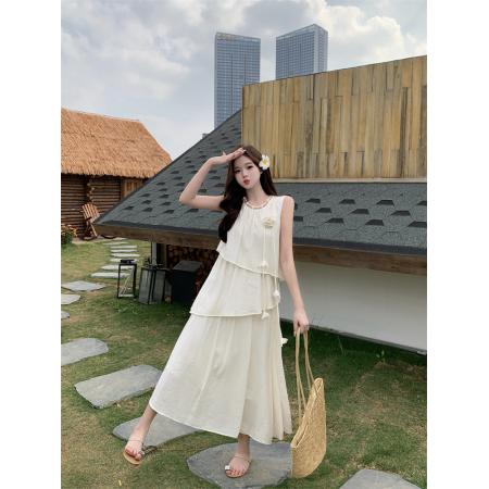 BY17339# 浅色气质连衣裙女夏季设计感无袖背心长裙