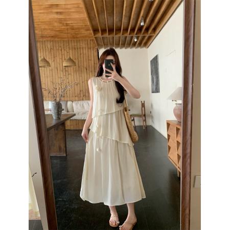 BY17339# 浅色气质连衣裙女夏季设计感无袖背心长裙