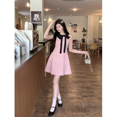 BY17340# 小香风粉色蝴蝶结挂脖连衣裙女夏季法式收腰千金风荷叶边a字裙子