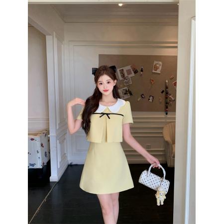 BY17341# 黄色小香风甜美圆领短袖连衣裙女夏季新款名媛气质假两件a字短裙