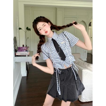 BY17343# 日系甜美格子抽绳短袖衬衫女潮夏季设计感短款辣妹风心机衬衣