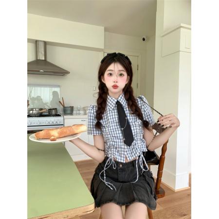 BY17343# 日系甜美格子抽绳短袖衬衫女潮夏季设计感短款辣妹风心机衬衣