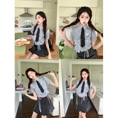 BY17343# 日系甜美格子抽绳短袖衬衫女潮夏季设计感短款辣妹风心机衬衣