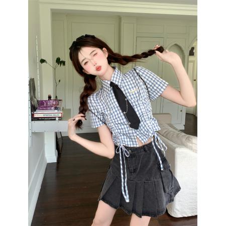 BY17343# 日系甜美格子抽绳短袖衬衫女潮夏季设计感短款辣妹风心机衬衣