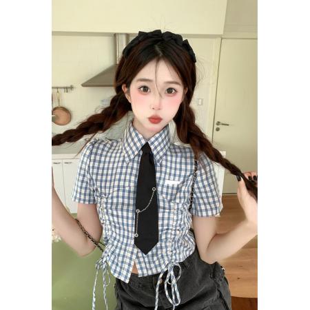 BY17343# 日系甜美格子抽绳短袖衬衫女潮夏季设计感短款辣妹风心机衬衣