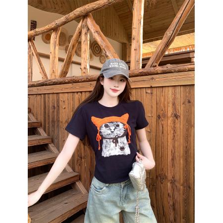 BY17344# 帽子小猫夏新款小众正肩t恤卡通猫咪显瘦百搭短袖上衣女