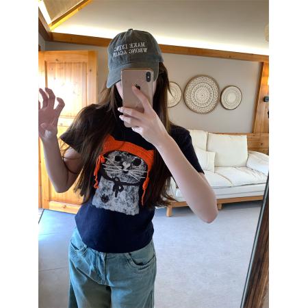 BY17344# 帽子小猫夏新款小众正肩t恤卡通猫咪显瘦百搭短袖上衣女