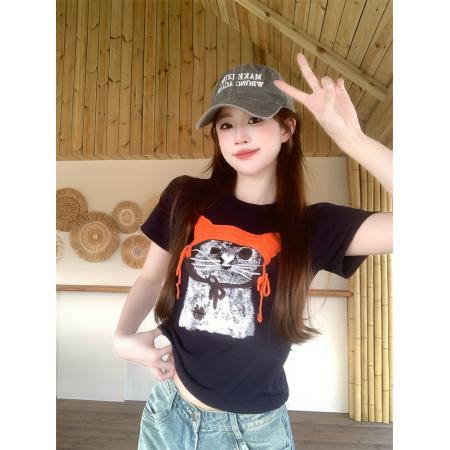 BY17344# 帽子小猫夏新款小众正肩t恤卡通猫咪显瘦百搭短袖上衣女