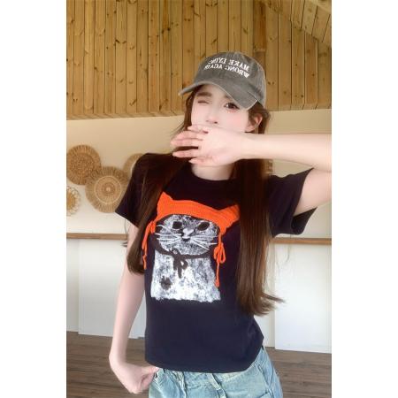 BY17344# 帽子小猫夏新款小众正肩t恤卡通猫咪显瘦百搭短袖上衣女