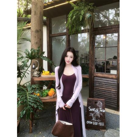 BY17348# 清冷感针织开衫吊带连衣裙两件套女显瘦套装