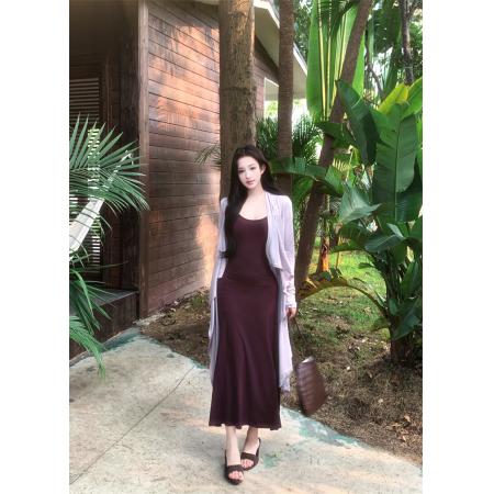 BY17348# 清冷感针织开衫吊带连衣裙两件套女显瘦套装