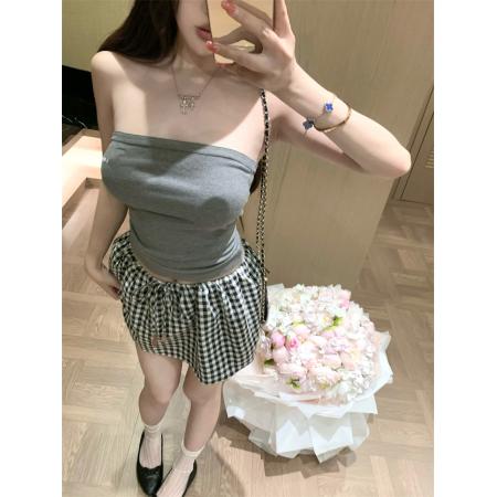 BY17349# 纯欲感复古针织抹胸+格纹花苞半裙套组