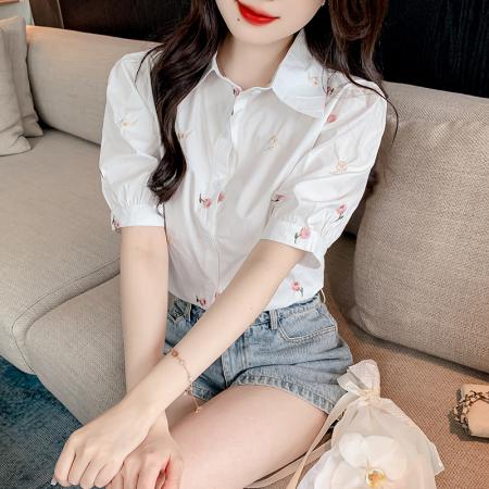 BY17352# 新款泡泡袖刺绣衬衣小清新短袖上衣衬衫女