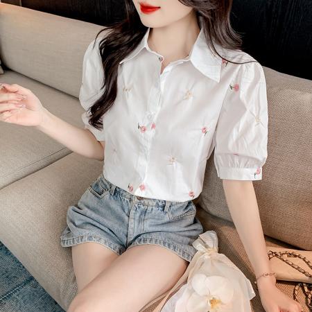 BY17352# 新款泡泡袖刺绣衬衣小清新短袖上衣衬衫女