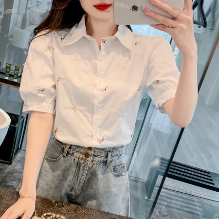 BY17352# 新款泡泡袖刺绣衬衣小清新短袖上衣衬衫女