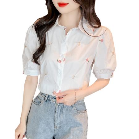 BY17352# 新款泡泡袖刺绣衬衣小清新短袖上衣衬衫女