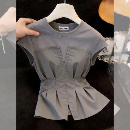 BY17353# 夏季新款灰色拼接短袖T恤女设计感时尚百搭收腰显瘦独特别致上衣