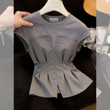 BY17353# 夏季新款灰色拼接短袖T恤女设计感时尚百搭收腰显瘦独特别致上衣
